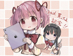  2girls akemi_homura apple_inc. apple_pencil black_hair black_hairband bow bowtie commentary hair_ribbon hairband highres holding holding_pencil holding_phone ipad kaname_madoka long_hair looking_at_viewer mahou_shoujo_madoka_magica mitakihara_school_uniform multiple_girls open_mouth pencil phone pink_eyes pink_hair red_bow red_bowtie red_ribbon ribbon school_uniform short_twintails smile tablet_pc tongue translation_request twintails violet_eyes yuukarirakkumasuki 