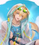  1boy :d ahoge animal_ears arknights bangs blue_shirt blue_sky clouds day dog_ears eyebrows_visible_through_hair eyewear_on_head hair_between_eyes head_tilt highres hood hooded_jacket infection_monitor_(arknights) jacket jewelry jiugongyue_akira long_sleeves looking_at_viewer male_focus necklace open_clothes open_jacket outdoors shirt sky smile solo sunglasses tequila_(arknights) tongue tongue_out upper_body white_jacket 