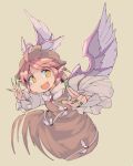  1girl animal_ears bird_ears bird_wings blush brown_background brown_dress brown_headwear dress earrings eyebrows_visible_through_hair fang fingernails frilled_sleeves frills green_nails ini_(inunabe00) jewelry long_fingernails long_sleeves mystia_lorelei nail_polish open_mouth pink_hair sharp_fingernails short_hair simple_background single_earring smile solo touhou white_wings wide_sleeves winged_hat wings yellow_eyes 