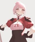  1girl artist_name bangs black_gloves blush bow brown_skirt closed_mouth commentary dated_commentary earrings fire_emblem fire_emblem:_three_houses fire_emblem_warriors:_three_hopes gloves grey_background hair_bun hand_on_hip high-waist_skirt hilda_valentine_goneril hoop_earrings jewelry looking_at_viewer pink_eyes pink_hair pink_shirt red_bow shirt simple_background skeptycally skirt smile solo 