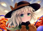  1girl absurdres autumn_leaves bangs black_headwear blurry blurry_background blush bow buttons closed_mouth clouds depth_of_field diamond_button eyeball eyebrows_behind_hair green_eyes green_scarf hat hat_bow hat_ribbon heart heart_of_string highres komeiji_koishi light_green_hair light_smile looking_at_viewer medium_hair outdoors ribbon scarf sky sleeves_past_fingers sleeves_past_wrists solo sunset sweater third_eye touhou tree upper_body wavy_hair wrainman yellow_bow yellow_ribbon yellow_sweater 