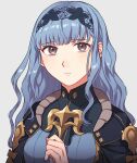  1girl bangs black_cape black_hairband blue_dress blue_hair blunt_bangs brown_eyes cape closed_mouth commentary dress eyebrows_visible_through_hair fire_emblem fire_emblem:_three_houses fire_emblem_warriors:_three_hopes grey_background hairband highres lace_hairband long_hair looking_at_viewer marianne_von_edmund peach11_01 simple_background solo twitter_username upper_body wavy_hair 