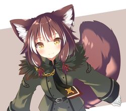  1girl :3 animal_ear_fluff animal_ears bangs belt belt_buckle black_belt black_necktie blush brown_background brown_eyes brown_hair buckle chain closed_mouth commission copyright_request daidai_ookami eyebrows_visible_through_hair fur-trimmed_jacket fur_trim gloves green_jacket hair_ribbon jacket long_hair long_sleeves multicolored_hair necktie red_ribbon ribbon skeb_commission sleeves_past_wrists smile solo streaked_hair tail two-tone_background white_background white_gloves white_hair 