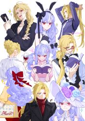  1boy 1girl absurdres ahoge alternate_costume animal_ears bag blonde_hair book bow braid card commentary_request cup drinking_glass earrings expressionless fake_animal_ears fang glasses gloves grey_eyes hair_bow hat heterochromia highres holding holding_book holding_card hugo_vlad jewelry long_hair long_sleeves looking_at_viewer mole mole_under_eye multiple_views open_book playing_card pointy_ears purple_hair rabbit_ears red_bow red_eyes red_nails shirt shoulder_bag simple_background sparkle squiggle steepled_fingers tongue tongue_out vivian_(zenless_zone_zero) white_background white_gloves white_hat wine_glass yurika48597221 zenless_zone_zero 