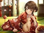  1girl arm_support bangs barefoot blurry braid brown_eyes brown_hair cat depth_of_field eyebrows_visible_through_hair fingernails floral_print hair_ornament hairpin highres japanese_clothes kazari_hisa kimono lying on_side open_mouth original red_kimono smile toes 
