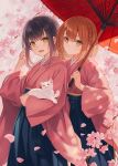  2girls :d animal black_hair braid brown_hair carrying cat check_copyright cherry_blossoms copyright_request expressionless flower hakama highres holding holding_hands japanese_clothes long_sleeves looking_at_viewer multiple_girls oil-paper_umbrella open_mouth original petals pink_flower short_hair smile umbrella white_cat wide_sleeves yashiro_seika yellow_eyes 