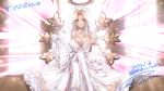  1girl blonde_hair breasts closed_mouth commission crossed_legs dated dress elbow_gloves gloves halo iseria_queen kuroi_mimei long_hair looking_at_viewer signature skeb_commission sleeveless smile solo star_ocean star_ocean_the_second_story thigh-highs wedding_dress window wings 