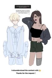  1boy 1girl alien_stage arm_behind_head black_tank_top blonde_hair brown_hair chest_tattoo closed_eyes colored_eyelashes crop_top dark-skinned_female dark_skin english_text green_shorts grey_jacket hand_on_own_hip highres hyuna_(alien_stage) instagram jacket kyon_(zmwh8222) long_hair luka_(alien_stage) navel nightgown pants request_inset shorts signature sleepwear tank_top tattoo white_nightgown white_pants yawning 