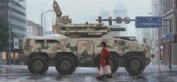 1girl anti-aircraft_missile bouquet building camouflage city coat crosswalk digital_camouflage dress eight-wheel_drive highres holding holding_bouquet lamppost looking_to_the_side motor_vehicle original people's_liberation_army pgl-625e radar_dish rain red_coat road rotary_cannon self-propelled_anti-aircraft-gun shoes shouhui_lang_qun signature skyscraper solo street walking zbl-08 