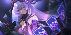  absurdres black_gloves black_swan_(honkai:_star_rail) breasts card detached_sleeves gloves highres honkai:_star_rail honkai_(series) large_breasts multicolored_eyes playing_card purple_hair smile veil yama_ta_yomogi 