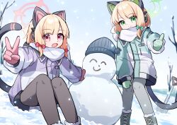  2girls :d absurdres animal_ear_headphones animal_ears aqua_coat bare_tree beanie black_pantyhose blonde_hair blue_archive blue_hat boots bow cat_ear_headphones cat_tail character_snowman chinese_commentary closed_mouth coat commentary_request day doodle_sensei_(blue_archive) dot_nose eyes_visible_through_hair fake_animal_ears fake_tail feet_out_of_frame fur-trimmed_boots fur_trim gloves green_bow green_eyes green_gloves green_halo grey_boots grey_pantyhose hair_bow halo hand_on_own_knee hat headphones highres hood hood_down hooded_coat knees_together_feet_apart knees_up lace-up_boots legs_together long_sleeves looking_at_viewer low-tied_sidelocks medium_hair midori_(blue_archive) momoi_(blue_archive) multicolored_coat multiple_girls official_alternate_costume on_ground open_mouth outdoors outstretched_arm outstretched_arms pantyhose pink_eyes pink_gloves pink_halo planted planted_shovel pom_pom_(clothes) pom_pom_beanie puffy_long_sleeves puffy_sleeves purple_coat raised_eyebrows red_bow scarf scarf_bow sensei_(blue_archive) shovel siblings sidelocks sisters sitting sky smile snow snowing snowman standing tail tail_raised thumbs_up tree twins v white_scarf winter winter_clothes winter_coat xiang_xiang_cui_cui_zha_mo_gu zipper zipper_pull_tab 