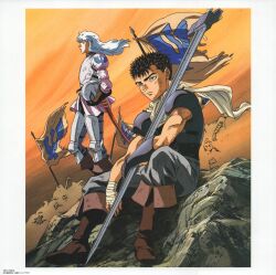  1990s_(style) 2boys armor bandaged_hand bandages banner battle_standard berserk boots breastplate brown_boots brown_eyes copyright_notice cuirass expressionless floating_hair greatsword griffith_(berserk) guts_(berserk) helmet highres holding holding_helmet huge_weapon long_hair multiple_boys non-web_source official_art on_rock outdoors profile retro_artstyle scarf short_hair shoulder_armor sitting standing sword war_banner weapon white_hair 