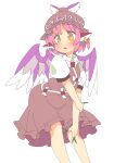  1girl animal_ears bird_ears bird_wings blush brown_dress brown_headwear dress earrings eyebrows_visible_through_hair feet_out_of_frame fingernails frilled_dress frills green_nails ini_(inunabe00) jewelry long_fingernails mystia_lorelei nail_polish open_mouth pink_hair puffy_short_sleeves puffy_sleeves sharp_fingernails short_hair short_sleeves simple_background single_earring solo touhou white_background white_wings winged_hat wings yellow_eyes 