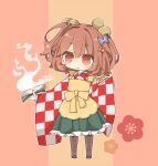  1girl apron bell book boots brown_hair character_name checkered_clothes checkered_kimono clothes_writing cross-laced_footwear hair_bell hair_ornament hitodama holding holding_book japanese_clothes kimono lace-up_boots looking_at_viewer motoori_kosuzu red_eyes short_hair simple_background smile solo touhou two_side_up wide_sleeves yaco_(nuitnotte) 