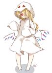 1girl bangs barefoot blonde_hair blush crystal dress flandre_scarlet full_body hair_over_one_eye hood medium_hair no_pupils one_side_up open_mouth paragasu_(parags112) red_eyes simple_background sketch sleeves_past_fingers sleeves_past_wrists solo standing touhou white_background white_dress wings 