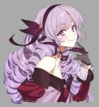  1girl bare_shoulders black_gloves chest_tattoo claw_ring commentary_request cropped_torso dress drill_hair ekka_(chrysalis) from_side gloves grey_background hair_ribbon highres hyakumantenbara_salome light_purple_eyes light_purple_hair long_hair long_sleeves looking_at_viewer nijisanji off-shoulder_dress off_shoulder puffy_long_sleeves puffy_sleeves purple_ribbon ribbon smile solo sparkling_eyes tattoo virtual_youtuber 