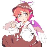  1girl animal_ears bird_ears bird_wings blush brown_dress brown_headwear dress eyebrows_visible_through_hair fingernails frilled_dress frilled_sleeves frills grey_eyes ini_(inunabe00) juliet_sleeves long_sleeves mystia_lorelei parted_lips pink_hair puffy_sleeves sharp_fingernails short_hair simple_background solo touhou white_background white_wings wide_sleeves winged_hat wings 