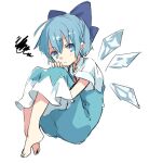  1girl bangs barefoot blue_bow blue_dress blue_eyes blue_hair blush bow cirno closed_mouth collared_shirt dress eyebrows_visible_through_hair full_body hair_between_eyes hair_bow hugging_own_legs ice ice_wings knees_up long_dress looking_at_viewer neck_ribbon paragasu_(parags112) pinafore_dress puffy_short_sleeves puffy_sleeves red_ribbon ribbon shiny shiny_hair shirt short_hair short_sleeves simple_background solo touhou white_background white_shirt wings 