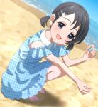  bangs barefoot beach black_eyes blue_bow blue_dress bow bunny_hair_ornament checkered_clothes checkered_dress child clothing_cutout collared_dress day dress gem hair_bow hair_ornament hairclip highres holding holding_rock holding_shell idolmaster idolmaster_cinderella_girls light_blush looking_at_viewer megabee_e ocean open_mouth outdoors sand sasaki_chie shell short_hair short_twintails shoulder_cutout smile solo squatting symbol-only_commentary twintails water 