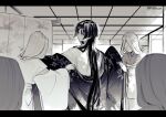  1boy 2girls genshin_impact hime_cut indoors japanese_clothes long_hair looking_back male_focus mgph monochrome multiple_girls scaramouche_(genshin_impact) simple_background 