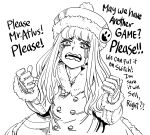  1girl absurdres atlus bb_(baalbuddy) begging buttons coat crying crying_with_eyes_open double-breasted english_commentary fur_trim greyscale gunner_(sekaiju) gunner_2_(sekaiju) hat highres long_hair monochrome open_mouth simple_background solo tears upper_body wavy_eyes wavy_mouth white_background 