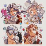 4boys apple bandaid bandaid_on_cheek bandaid_on_face black_gloves blonde_hair blue_eyes blush checkered_background chest_tattoo claude_(housamo) commentary_request demon_horns emoji facial_hair fangs fangs_out flower food formal fruit gem_(symbol) gloves goatee goggles goggles_on_head gomoku_(gomoku418) green_eyes grey_background hair_intakes hair_strand hair_wings hat heart highres horns isaac_(housamo) jabot jacket jewelry laurel_crown lightning_bolt_symbol long_hair long_sideburns looking_at_viewer lucifuge_(housamo) male_focus mature_male multiple_boys muscular muscular_male open_mouth portrait purple_liquid rainbow red_jacket redhead ring rose shirt short_hair sideburns smile sticker suit tattoo thick_eyebrows tokyo_afterschool_summoners top_hat tuaring_(housamo) upper_body white_hair white_headwear white_suit wings wrench yellow_eyes 
