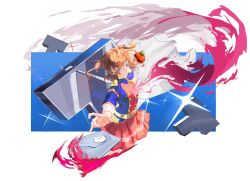  1girl aijou_karen belt belt_buckle blue_background blue_jacket buckle closed_mouth commentary_request cowboy_shot cropped_legs energy envelope epaulettes floating_hair food hands_up highres holding holding_food holding_vegetable jacket long_sleeves looking_at_object looking_to_the_side miniskirt multicolored_jacket orange_hair outstretched_arms pleated_skirt qisu_zhang red_eyes red_jacket red_skirt short_hair shoujo_kageki_revue_starlight sideways_glance single_stripe skirt solo sparkle standing striped_clothes striped_skirt tomato torn_clothes torn_jacket two-tone_background two-tone_jacket two_side_up vegetable waist_cape white_background yellow_belt 