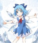  1girl blue_dress blue_eyes blue_hair bow cirno dress hair_bow ice ice_wings looking_at_viewer outstretched_arms puffy_sleeves ribbon sasaki_sakiko shirt short_hair short_sleeves solo spread_arms touhou v-shaped_eyebrows wings 