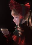  1girl absurdres arise_(allicenogalca) bangs black_background blonde_hair blue_eyes bonnet closed_mouth cup dress drill_hair hair_ribbon highres holding holding_cup lips long_hair long_sleeves profile realistic red_dress red_headwear ribbon rozen_maiden shinku sidelocks signature simple_background solo teacup upper_body 