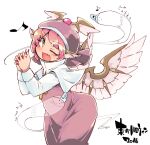  1girl adapted_costume animal_ears beamed_eighth_notes bird_ears bird_wings blush brown_dress brown_headwear dress eighth_note eyebrows_visible_through_hair fang fingernails ghost ini_(inunabe00) long_fingernails long_sleeves musical_note mystia_lorelei nail_polish one_eye_closed open_mouth pink_hair red_nails sharp_fingernails short_hair simple_background smile solo touhou white_background white_wings winged_hat wings yellow_eyes 