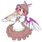  1girl animal_ears bird_ears bird_wings blush brown_dress brown_headwear dress earrings eyebrows_visible_through_hair fingernails frilled_sleeves frills green_nails grin ini_(inunabe00) jewelry juliet_sleeves long_fingernails long_sleeves mystia_lorelei nail_polish pink_hair puffy_sleeves sharp_fingernails short_hair simple_background single_earring smile solo touhou v white_background white_wings wide_sleeves winged_hat wings yellow_eyes 