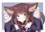  1girl :3 animal_ear_fluff animal_ears bangs black_jacket blue_eyes braid brown_hair center_frills closed_mouth commission daidai_ookami eyebrows_behind_hair frilled_sleeves frills grey_background hair_over_shoulder hair_ribbon hands_up jacket long_hair long_sleeves looking_at_viewer neck_ribbon notice_lines original red_ribbon ribbon shirt short_eyebrows single_braid skeb_commission sleeves_past_wrists solo tail_raised thick_eyebrows two-tone_background upper_body white_background white_shirt 