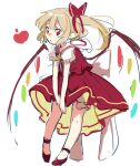  1girl apple back_bow bangs blonde_hair bow collared_shirt crystal eyebrows_visible_through_hair flandre_scarlet food frilled_skirt frilled_sleeves frills fruit full_body hair_between_eyes hair_ribbon leaning_forward mary_janes neck_ribbon no_hat no_headwear one_side_up open_mouth paragasu_(parags112) puffy_short_sleeves puffy_sleeves red_eyes red_footwear red_ribbon red_skirt red_vest ribbon shirt shoes short_hair short_sleeves simple_background skirt skirt_set solo standing touhou v_arms vest white_background white_bow white_shirt wings yellow_ribbon 