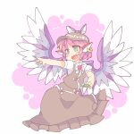  1girl animal_ears bird_ears bird_wings blush brown_dress brown_headwear dress earrings eyebrows_visible_through_hair fang fingernails frilled_dress frills green_nails grey_eyes ini_(inunabe00) jewelry long_fingernails mystia_lorelei nail_polish open_mouth pink_hair puffy_short_sleeves puffy_sleeves sharp_fingernails short_hair short_sleeves single_earring smile solo touhou white_wings winged_hat wings 