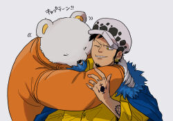  2boys arm_tattoo bear bepo commentary_request earrings facial_hair goatee hand_tattoo highres hug hug_from_behind jewelry jumpsuit male_focus multiple_boys one_eye_closed one_piece orange_jumpsuit shirt simple_background smile tattoo trafalgar_law usarinko white_background yellow_shirt 