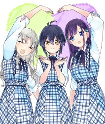  22/7 3girls :d ^_^ ahoge arm_up belt black_hair black_ribbon blue_eyes bow braid brown_eyes center-flap_bangs closed_eyes closed_mouth collared_shirt cowboy_shot dress fanged_bangs grey_hair hair_bow hair_ornament heart_arms_duo highres ichinose_hotaru kumorizora_no_mukou_wa_hareteiru long_hair long_sleeves mole mole_under_eye multiple_girls nagamine_kaede neck_ribbon no_jacket open_mouth parted_bangs pinafore_dress plaid_belt plaid_clothes plaid_dress purple_hair ribbon shirt shirt_under_dress short_hair side_braid single_braid sleeveless sleeveless_dress sleeves_rolled_up smile standing takigawa_miu teeth trefle_r upper_teeth_only white_background white_shirt 