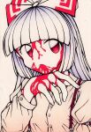  1girl arm_strap bleeding_from_forehead blood blood_from_mouth blood_on_hands bow buttons collared_shirt commentary fujiwara_no_mokou hair_bow hand_up highres hime_cut iigudaguda1122 long_sleeves looking_at_viewer medium_hair red_eyes shirt solo suspenders touhou traditional_media upper_body white_bow white_hair white_shirt 