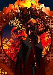 1boy arm_up armor ashwatthama_(fate) ashwatthama_(second_ascension)_(fate) black_armor black_gloves chakram covered_face fate/grand_order fate_(series) feet_out_of_frame fiery_hair full_armor game_cg gloves hand_up helmet leg_armor legs_apart male_focus official_art pako_(pakosun) solo standing third-party_source variant_set weapon 