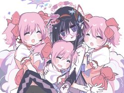  4girls @_@ ^_^ akemi_homura argyle_clothes argyle_footwear black_boots black_capelet black_hair blush blush_stickers boots bow bow_choker bubble_skirt capelet chest_jewel choker circle_skirt clone_harem closed_eyes collared_capelet crooked_eyewear dot_nose dress dress_bow eyelashes flustered frilled_skirt frilled_sleeves frills frown gem glasses group_hug hair_between_eyes hair_bow hair_ribbon hairband hand_jewel hand_on_another&#039;s_shoulder high_collar highres hug kaname_madoka kerimka31328031 layered_dress long_hair long_sleeves magical_girl mahou_shoujo_madoka_magica mahou_shoujo_madoka_magica_(anime) miniskirt multiple_girls nervous_sweating open_mouth petticoat pink_dress pink_gemstone pink_hair plaid_clothes puffy_short_sleeves puffy_sleeves purple_capelet purple_gemstone purple_skirt red-framed_eyewear red_bow red_choker red_hairband red_ribbon ribbon short_dress short_hair short_sleeves short_twintails simple_background sitting skirt skirt_under_dress smile sparkle square_neckline straight_hair sweat thigh_boots twintails two-tone_capelet violet_eyes white_background white_dress white_skirt white_sleeves yuri 