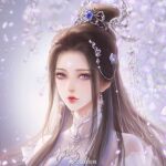  1girl beads blue_eyes brown_hair chinese_clothes earrings face falling_petals hair_bun hair_ornament highres jewelry long_hair lu_xueqi_(zhu_xian) mucifei_wan petals solo upper_body zhu_xian 