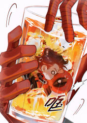  2boys animal_print black_bodysuit blush bodysuit brown_hair chibi chinese_commentary cup danmo222 deadpool deadpool_(series) drink drinking_glass full_body highres holding holding_cup ice ice_cube looking_at_another male_focus marvel multiple_boys no_mouth peter_parker red_bodysuit short_hair simple_background spider-man spider-man_(series) spider_print spider_web_print superhero_costume sweatdrop two-tone_bodysuit white_background 