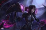  1girl absurdres artist_name bangs black_bodysuit blurry blurry_background bodysuit breasts cowboy_shot facial_mark geus_(just_geus) glowing highres kai&#039;sa large_breasts league_of_legends long_hair long_sleeves looking_at_viewer parted_bangs pink_eyes purple_hair shiny shiny_hair solo upper_body wings 