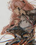  1girl animal_ear_fluff animal_ears arknights armor bangs barcode barcode_tattoo bare_shoulders black_jacket breastplate closed_mouth dagger dual_wielding eyebrows_behind_hair gravel_(arknights) hair_between_eyes highres holding holding_weapon jacket knife long_hair long_sleeves open_clothes open_jacket pink_hair red_eyes shoulder_tattoo simple_background solo tattoo upper_body v-shaped_eyebrows weapon white_background 