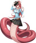  1girl artist_request belt black_headwear black_skirt blue_shirt breasts fedora full_body hat lamia large_breasts long_hair miia_(monster_musume) monster_girl monster_musume_no_iru_nichijou monster_musume_no_iru_nichijou_online official_alternate_costume official_art pointy_ears redhead scales shirt skirt slit_pupils solo transparent_background yellow_eyes 
