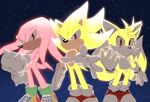  3boys artist_name chronocrump frown gloves highres knuckles_the_echidna looking_at_viewer male_focus multicolored_fur multiple_boys night night_sky pointy_nose red_fur shoes sky smirk sonic_(series) sonic_the_hedgehog spiky_hair star_(sky) starry_sky super_knuckles super_sonic super_tails tails_(sonic) topless_male twitter_username white_fur yellow_fur 