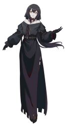  1girl absurdres black_dress black_gloves black_hair black_shoes dandelion_(girls'_frontline) dress girls'_frontline_2:_exilium girls_frontline gloves hair_ornament highres long_hair looking_at_viewer loveu pale_skin parted_lips shoes simple_background solo white_background yellow_eyes 