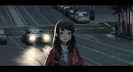  1girl bangs black_choker black_hair can car chinese_commentary choker collarbone commentary_request dahe_z earphones earphones facial_mark fang ground_vehicle hand_up highres holding holding_can jacket letterboxed long_hair looking_at_viewer motor_vehicle necktie open_mouth original outdoors people pointy_ears red_eyes red_jacket road scenery smirk solo_focus street tree upper_body white_necktie 