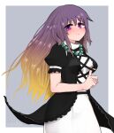  1girl bead_necklace beads black_dress blush breasts cross-laced_clothes dress eyebrows_visible_through_hair gradient_hair grey_background highres hijiri_byakuren jewelry long_hair looking_at_viewer medium_breasts multicolored_hair necklace prayer_beads puffy_short_sleeves puffy_sleeves purple_hair short_sleeves simple_background smile solo topadori touhou violet_eyes 