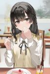  1girl aroa_(aroamoyasi) black_eyes black_hair black_ribbon blurry blurry_background blush braid cake cake_slice collared_shirt covering_mouth cup dress_shirt drinking_straw eating food hand_over_own_mouth hands_up highres holding holding_spoon long_hair long_sleeves looking_at_viewer neck_ribbon original plate ribbon shirt sitting solo spoon table vest white_shirt 