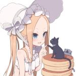  1girl abigail_williams_(fate) abigail_williams_(swimsuit_foreigner)_(fate) bangs bikini black_cat blonde_hair blue_eyes blush bonnet bow cat fate/grand_order fate_(series) food forehead frown gamuo hair_bow index_finger_raised long_hair multiple_bows multiple_cats multiple_hair_bows open_mouth pancake pancake_stack parted_bangs simple_background smile swimsuit twintails upper_body very_long_hair white_background white_bikini white_bow white_headwear 